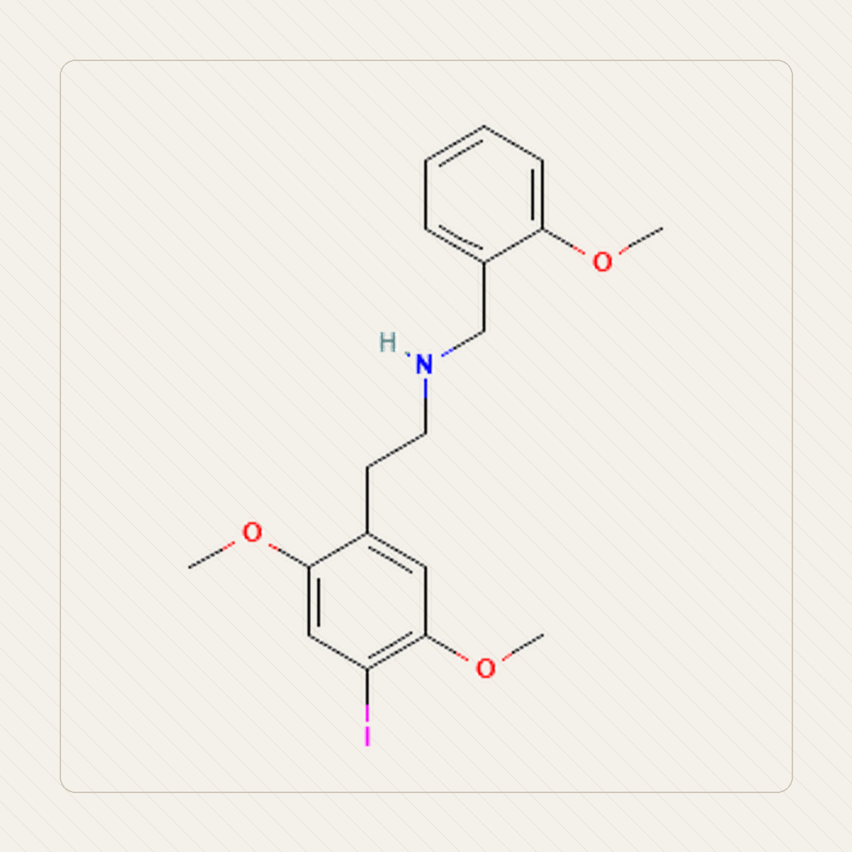 25I-NBOMe 2C-I-NBOMe, pædagogisk illustration af molekylstrukturen
